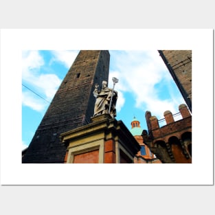 The Two Towers with the statue of St Petronius in Bologna Posters and Art